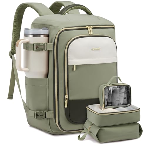 LOVEVOOK Large Travel Backpack for Women, 40L TSA Approved Backpack with 3 Packing Cubes, Personal Item Bag Fits 17" Laptop, Water-resistant Carry On Bag for Airplanes - color: Pea Green, size: 40L-4PCS