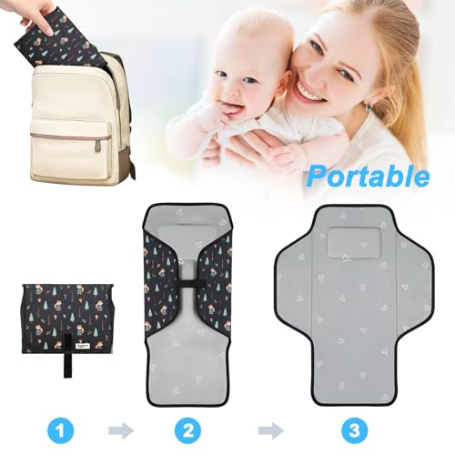 Baby Portable Changing Pad Travel - Waterproof Compact Diaper Changing Mat with Built-in Pillow - Lightweight & Foldable Baby Diaper Changer, Newborn Shower Gifts - color: Black-Woods