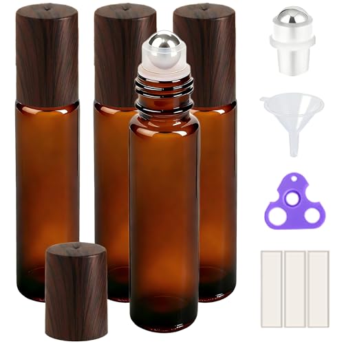 PrettyCare 4 Pack, 10 ml Essential Oil Roller Bottles with Stainless Steel Roller Ball - Refillable Leak-proof Empty Thick Amber Glass Roll on Bottles with Wooden Caps for Travel, Perfume - color: Amber with Wooden Cap, size: 4 Pack