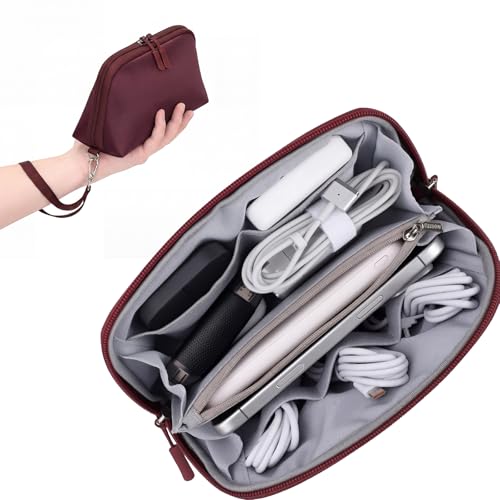 FYY Travel Cable Organizer - 8 Compartments Lightweight Water Resistant Tech Pouch with Wrist Strap, Electronic Accessories Case for Cord Charger Storage for Travel Home Office, Wine Red (Small) - color: Wine Red, style: S