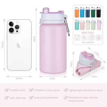 PLTCAT Collapsible Water Bottle, 19oz Foldable Bottle BPA Free Reusable Lightweight Leak-Proof Travel Silicone Water Bottle for Travel, Gym, Hiking, Office, Camping - color: Taro Purple