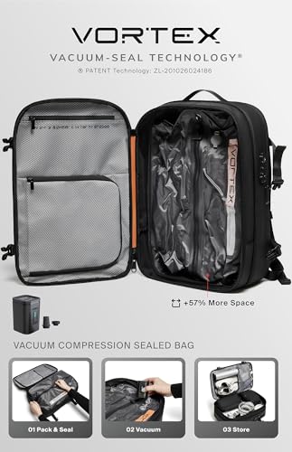 Black Voyage Vortex Vacuum Seal Travel Backpack 60L Expandable Air Compression System Water Resistant TSA Lock Carry-On Suitcase Luggage Black Zephyr Essential Series - Vacuum Pump Included