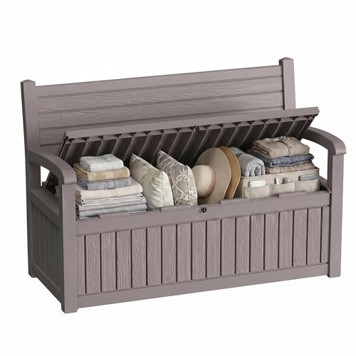 80 Gallon Outdoor Storage Bench Spacious Storage Box Waterproof Resin Deck Box Lockable for Patio, Garden, Livig Room & Outdoor Spaces（Grey） - color: Gray Stripe, size: 80gallon