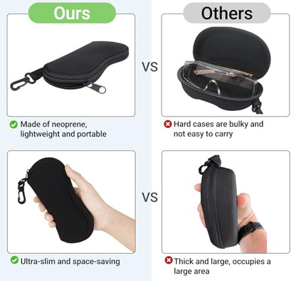 Mkono Eyeglasses Case 2 Packs Ultra Light Neoprene Travel Glasses Cases Soft Sunglasses Case with Clip for Men Women, Black