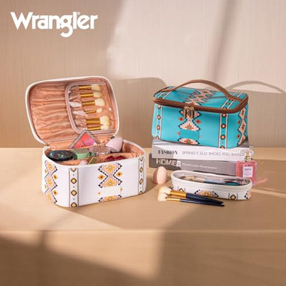 Montana West X Wrangler Travel Makeup Bag 2pcs Set Large Cosmetic Bag with Makeup Brush Holder Portable Make Up Organizer Cute Toiletry Bag with Divider and Handle for Women Aztec - color: Tan