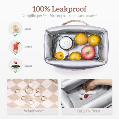 Lunch Bag Women Insulated Lunch Box,Cute Lunch bags,Reusable Large Capacity Leakproof Cooler Bag with Adjustable Shoulder Strap, Retro Lunch tote for Work Office Picnic Travel(Checker Beige Brown) - color: Beige brown