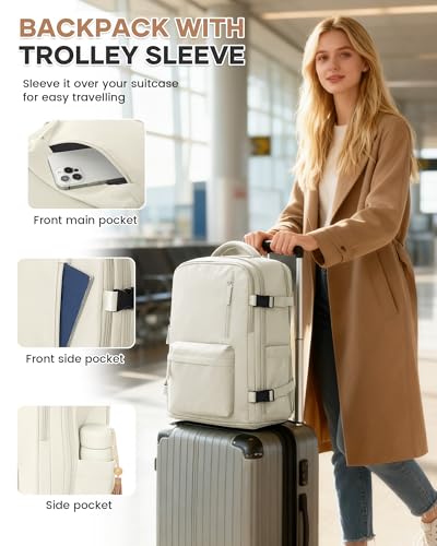 Large Travel Gym Backpack Women Carry On Backpack Flight Approved Hiking Waterproof Rucksack Casual Daypack Laptop bags airplanes Shoes Compartment Personal Item Travel Weekender Bag Essentials Beige - color: A54-beige, size: Large