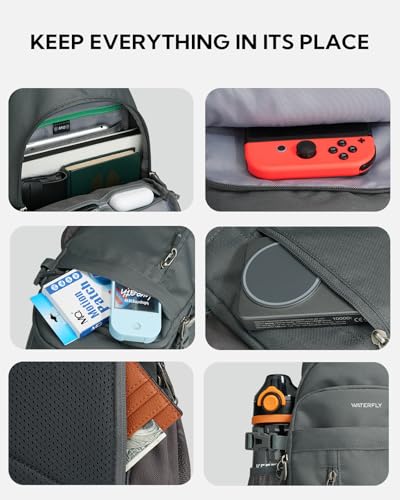 WATERFLY Small Crossbody Sling Bag: RFID Sling Backpack Chest Bag Travel Shoulder Multiple Pockets Hiking Daypack for Man Woman - color: Dark Grey