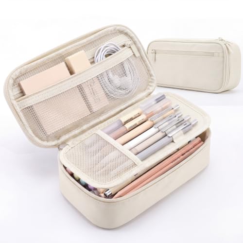 WEMATE Pencil Case, Large Storage Organizer, Makeup Bag, Teacher Must - have, Big Pencil Pouch, Marker Case for College - color: Beige