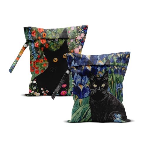 2Pcs Cat Wet Bag 12x10 Inch, Colorful Floral Waterproof Travel Laundry Bags, Washable Reusable Wet Dry Bag for Swimsuit Beach Diapers Dirty Yoga Gym Clothes, Flowers Gifts for Women Friend Travelers - color: Multicolor 1341