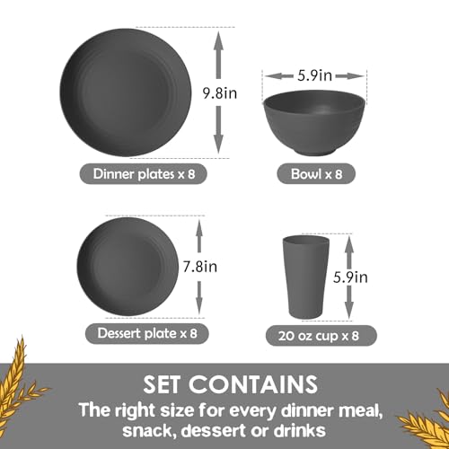 Teivio 32-Piece Kitchen Plastic Wheat Straw Dinnerware Set, Service for 8, Dinner Plates, Dessert Plate, Cereal Bowls, Cups, Unbreakable Colorful Plastic Outdoor Camping Dishes, Gray Matte - color: Gray Matte