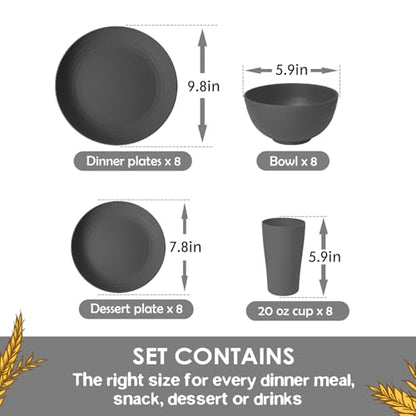 Teivio 32-Piece Kitchen Plastic Wheat Straw Dinnerware Set, Service for 8, Dinner Plates, Dessert Plate, Cereal Bowls, Cups, Unbreakable Colorful Plastic Outdoor Camping Dishes, Gray Matte - color: Gray Matte