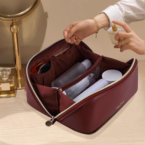 Prite Makeup Bag for Women Travel Waterproof Vegan Leather Cosmetic Bag Open Flat Toiletry Bag With Clear Divider and Handle (Dark Red, Medium) - color: Dark Red, size: Medium