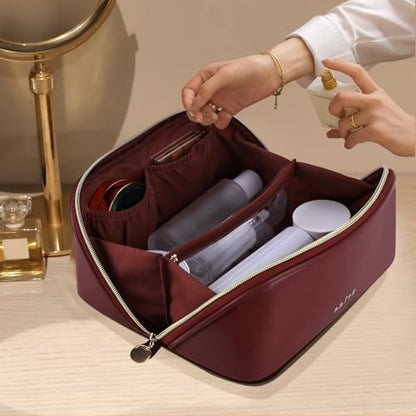 Prite Makeup Bag for Women Travel Waterproof Vegan Leather Cosmetic Bag Open Flat Toiletry Bag With Clear Divider and Handle (Dark Red, Medium) - color: Dark Red, size: Medium