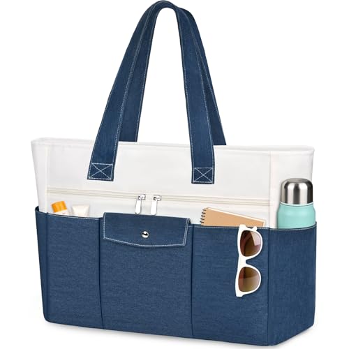 Beach Bags for Women Large Canvas Beach Tote with Zipper Wet Pocket, Waterproof Foldable Swim Pool Travel Tote Bags - color: Navy Blue