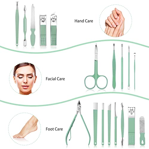 Teamkio 18pcs Manicure Set Pedicure Nail Clippers Set Travel Hygiene Kit Stainless Steel Professional Cutter Care Set Scissor Tweezers Knife Ear Pick Tools Grooming Kits with Leather Case - color: Green