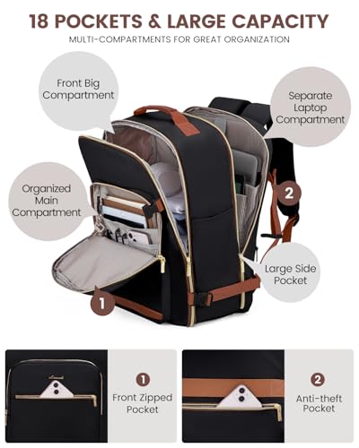 LOVEVOOK 40L Travel Backpack for Women & Men, Airline Approved Carry On Luggage with 3 Packing Cubes, TSA Overnight Bags, Waterproof Personal Item Bag, Weekender Essentials Backpacks fits 17" Laptop - color: Black-brown, size: Large