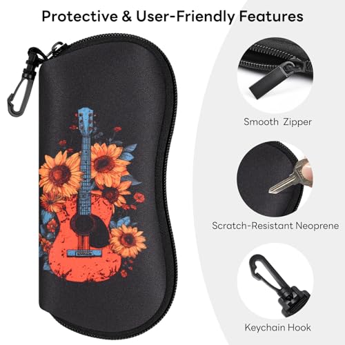 Sunglasses Case with Belt Clip, Ultra Light Neoprene Zipper Soft Padded Glasses Case for Women Men - color: Flower Guitar