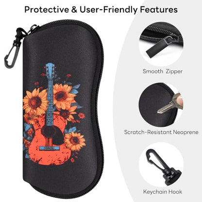 Sunglasses Case with Belt Clip, Ultra Light Neoprene Zipper Soft Padded Glasses Case for Women Men - color: Flower Guitar