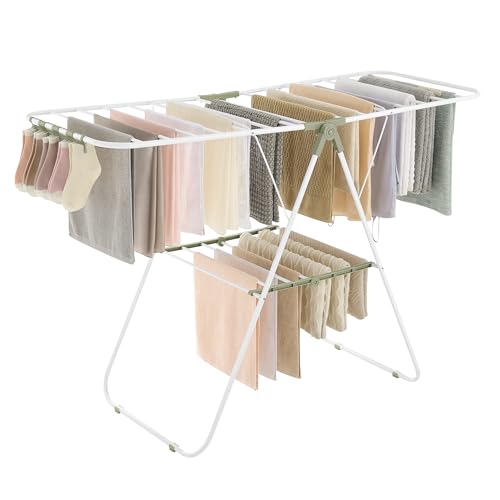 SONGMICS Clothes Drying Rack, with Sock Clips, Metal Laundry Rack, Foldable, Space-Saving, Free-Standing Airer, with 2 Height-Adjustable Gullwings, Indoor Outdoor Use, White and Green ULLR052C01 - color: White + Green, size: 1 Tier （21.7"d x 58.3"w x 39.4