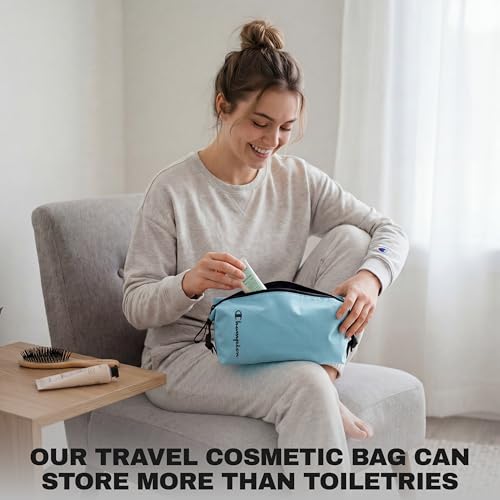 Champion - Hanging Toiletry Bag - Travel Sized Polyester Bag — Water-Resistant, Cosmetics Organizer Bag with Two Compliant Bottles - Lightweight Portable Zipped Bag for Unisex – Blue - 10"x3.9"x3.9" - style: Cendre Blue
