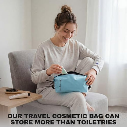 Champion - Hanging Toiletry Bag - Travel Sized Polyester Bag — Water-Resistant, Cosmetics Organizer Bag with Two Compliant Bottles - Lightweight Portable Zipped Bag for Unisex – Blue - 10"x3.9"x3.9" - style: Cendre Blue