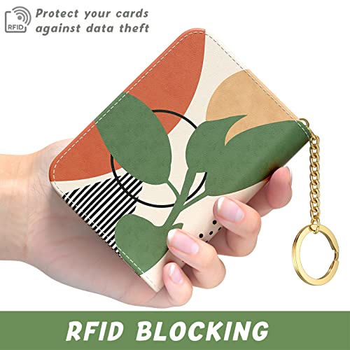 Aiawoxc Credit Card Holder, Small RFID Wallet Slim Leather Card Organizer Case with Zipper and Keychain, Modern Abstract Art - color: Tropical Plants, size: Keychain