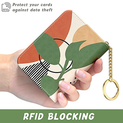 Aiawoxc Credit Card Holder, Small RFID Wallet Slim Leather Card Organizer Case with Zipper and Keychain, Modern Abstract Art - color: Tropical Plants, size: Keychain