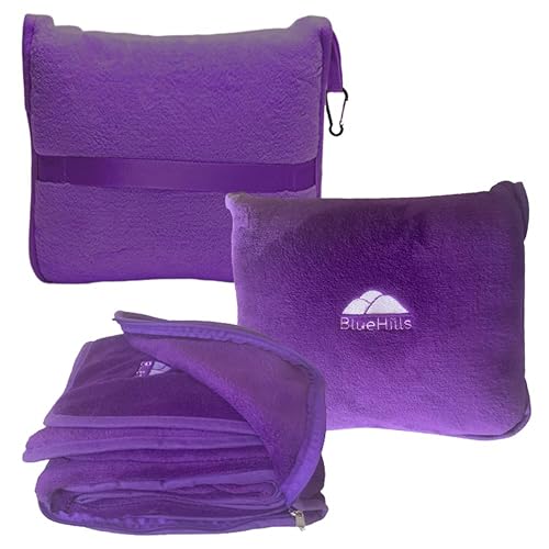 BlueHills Travel Blanket Pillow Premium Soft Plush for Airplane Travel Size Blanket Throw Long Flight Essentials in Compact Bag Plane Portable Lightweight Purple T021 - color: Purple-1pk-t021
