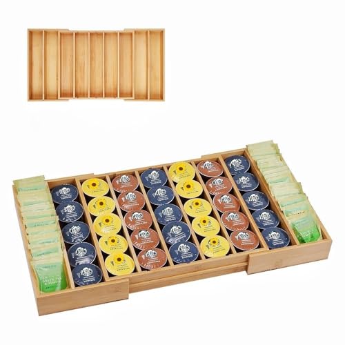 K Cup Holder Bamboo Coffee Pod Holder Drawer Organizer, Expandable K Cup Pod Storage Tea Bag Storage for Coffee Station Home Office and Kitchen - color: Bamboo Color