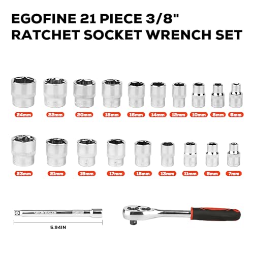 Egofine 21pcs 3/8 Inch Ratchet Socket Wrench Set, Drive Socket Set with 19 Sockets, 6-24mm sockets and 2 Way Quick Released Ratchet Handle and Extension Bar - size: 3/8, style: 21PC Standard Socket Set