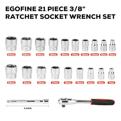 Egofine 21pcs 3/8 Inch Ratchet Socket Wrench Set, Drive Socket Set with 19 Sockets, 6-24mm sockets and 2 Way Quick Released Ratchet Handle and Extension Bar - size: 3/8, style: 21PC Standard Socket Set
