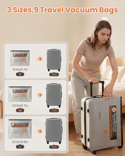 Vacuum Bags for Clothing Travel with Rechargeable Electric Pump, 9 Pack Compression Vacuuum Storage Bags for Luggage and Seasonal Storage, Space Saver Seal Bags for Cruise and Vacation - size: 9 Pack Travel Size