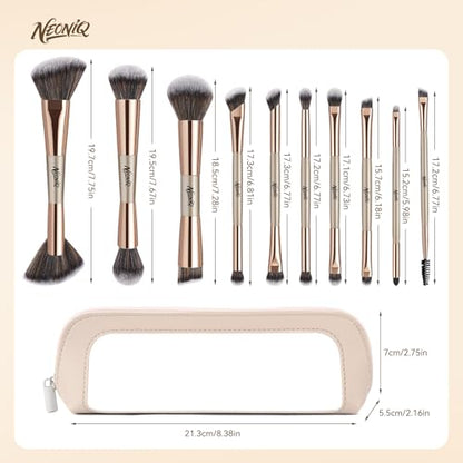 10 PCS Travel Makeup Brush Set With Bag, Makeup Brushes, Double-End Multi-functional Brushes for Foundation Powder Blush Eyeliner Eyeshadows, Professional Face Brush Set（Champagne Gold） - color: 10Pcs-Champagne Gold