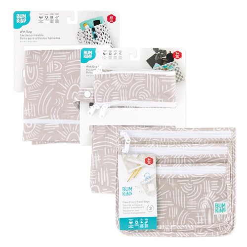 Bumkins - Waterproof Wet Bag, Wet/Dry Clutch & Clear Travel Bags - For Beach, Baby, Travel, Cloth Diapers, Pump Parts, Pool, Gym, Toiletries - Reusable & Easy to Clean - Boho Beige - 5 Pack - color: A1 Boho Beige 5pc