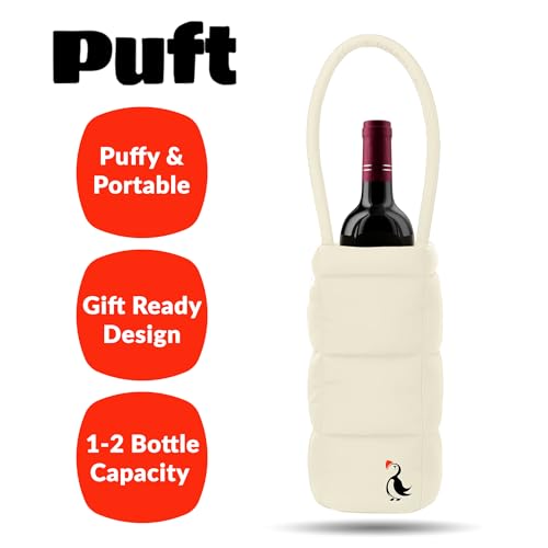 PUFT Puffer Wine Tote Bag – Insulated Wine Bottle Carrier for Bottles – Trendy Quilted Wine Bag - color: 1 Bottle Cream