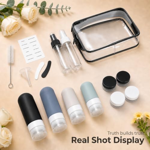 17 Pack Travel Bottles for Toiletries, TSA Approved Leak Proof Silicone Travel Containers for Toiletries with Label-Black+DarkBlue+ DarkGreen+Khaki - color: Black+White+Gray+Blue