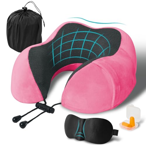 Travel Pillow, Memory Foam Neck Pillow for Traveling, U Shape Neck Pillow Airplane Portable Flight Pillow Travel Kit with 5D Contoured Eye Masks and Earplug for Plane Train Car Home Office - color: Dark Pink