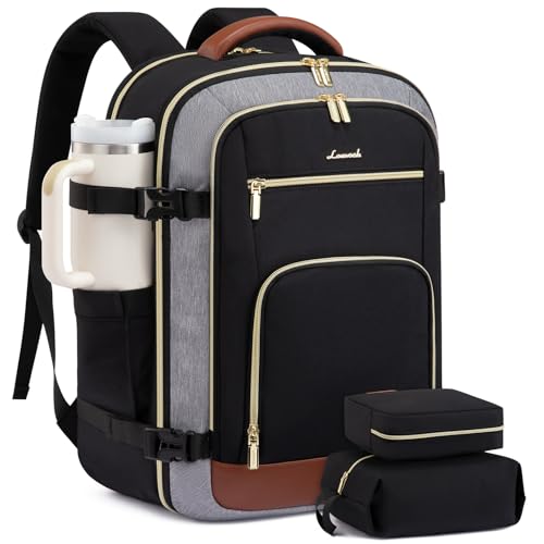 LOVEVOOK Travel Backpack For Women Flight Approved, 50L Carry on Backpack for Airplanes, Personal Item Travel Bag for Airplanes Fits 18 Inch Laptop, Business Weekender Overnight Daypack with 3 Cubes - color: Black-grey-brown, size: 50l-18 Inch-4pcs