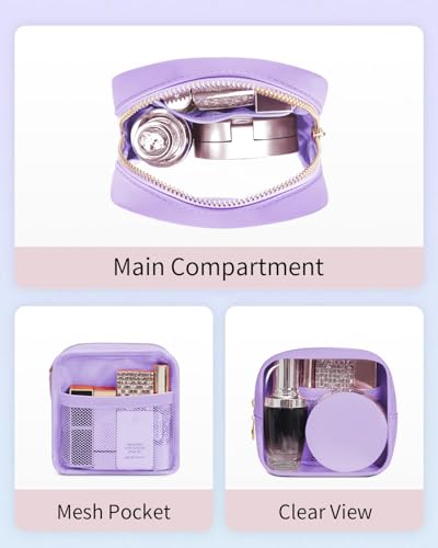 Wandering Nature Clear Makeup Bag for Purse Mini Make up Bag Cute Cosmetic Pouch for Women with Slip-in Pockets Travel Toiletry Essentials Vegan Leather Organizer Pouch,Patent Pending - color: Purple