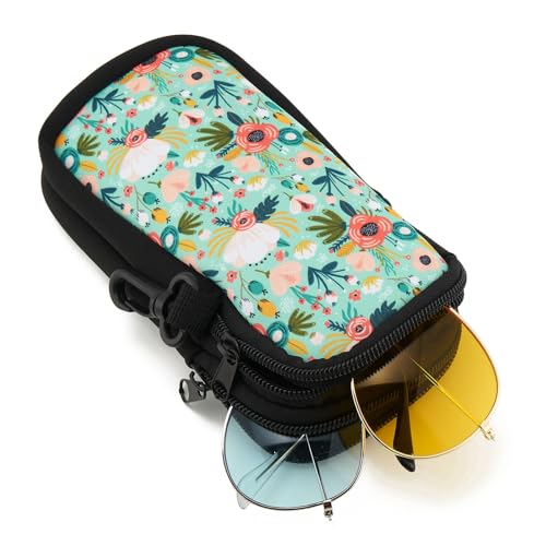QIUTIMIY Sunglasses Soft Case Zipper Double Eyeglass Case with 2 Compartments 1 Belt Clip - color: Green Flower