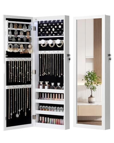 Nicetree 6 LEDs Mirror Jewelry Cabinet, Large Capacity Lockable Jewelry Armoire Organizer, Door or Wall Mounted Mirror with Jewelry Storage, Gift Idea, White - color: White