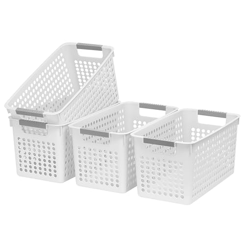 Soddeph Slim Plastic Storage Basket with Handles, Narrow Organizer box for Shelves, Organizer box for Organizing, Kitchen,Home,Office (White, Medium) - color: White, size: Medium