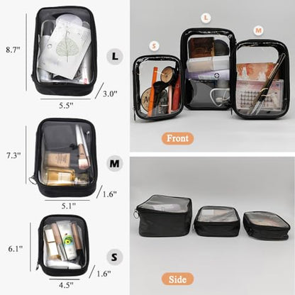 Clear Makeup Bag, 3 Pcs TPU Toiletry Bags, Travel Clear Case for Cosmetics, Transparent Zippered Bag (S, M, L) - color: Black TPU, size: Set - Small, Medium, Large