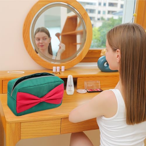 Small Nylon Toiletry Kit Bag for Travelling Women Fashion Cosmetic Pouch Cute Makeup Bag with Bow (M,Green-Bow) - color: Green-Bow, size: M