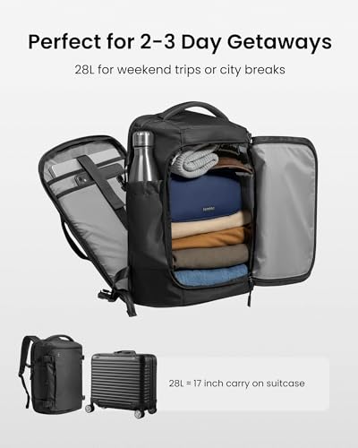 tomtoc Travel Backpack 28L, TSA Friendly Flight Approved Carry-on Luggage, Personal Item Travel Bag, Water-resistant Lightweight Business Rucksack, Durable Bag Fits 16 Inch Laptop - color: Black-ripstop, size: 28L