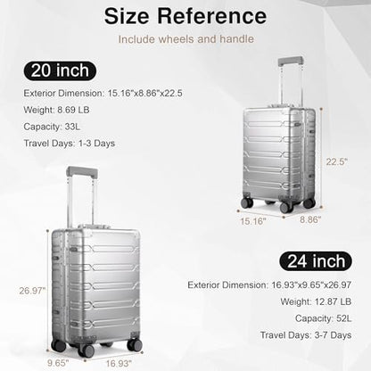 VentureVault All Aluminum Carry On Luggage 22x14x9 Airline Approved，Zipperless Luggage Premium Aluminum Suitcase Luggage, Hard Shell Carry On Luggage with Spinner Wheels (silver, 20inch) - color: Silvery, size: 20inch