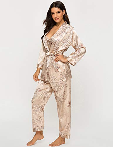 Escalier Women's Silk Satin Pajamas Set 3 Pcs Floral Silky Pj Sets Sleepwear Cami Nightwear with Robe and Pant - color: Camel, size: Medium