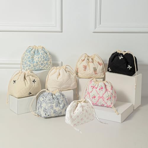 Cotton Quilted Drawstring Makeup Bag with Canvas Lining,Coquette Aesthetic Cute Travel Toiletry Bag,Drawstring Gift Bag for Women and Girls（12White Small Bow） - color: 12White Small Bow