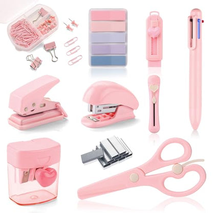 Pink Mini Office Supply Kit Mini School Supplies Desk Accessory Set Includes Mini Stapler Pencil Sharpener Staple Remover Hole Punch Ballpoint Pen Scissor Box Cutter Paper Clips Sticky Index Tabs - color: Pink